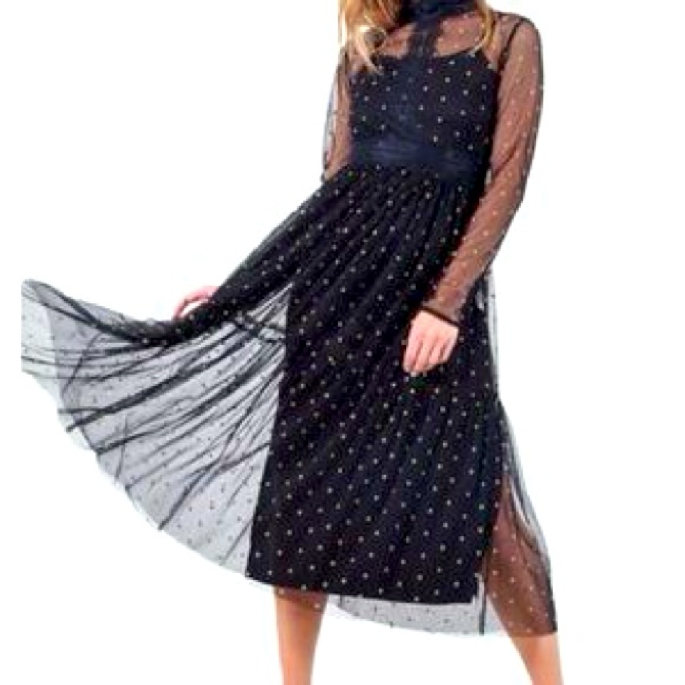Lace & Beads Womens Lace Black Long Sleeve Zip Casual Pin Dot A Line Dress 8